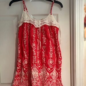Red and White Crochet Trim Women's Top